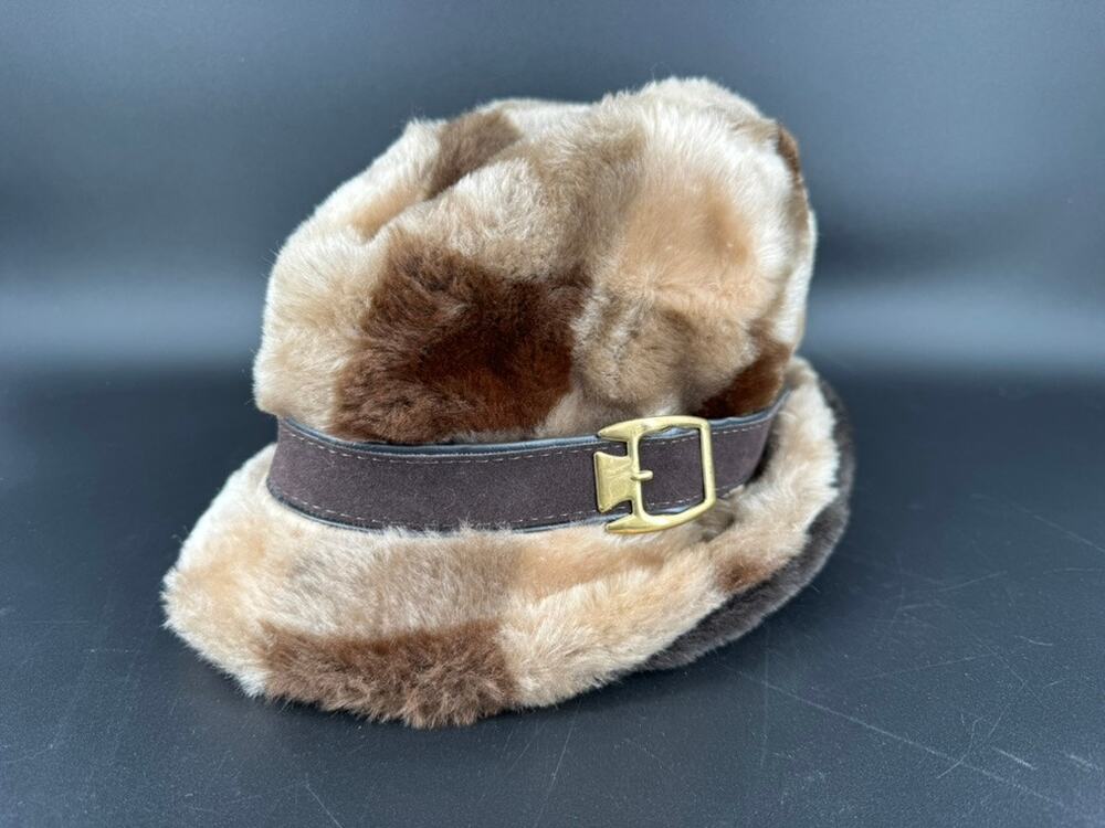 Vintage Faux Fur Fedora Hat Large Patchwork Brown Tan Buckle Union Made USA